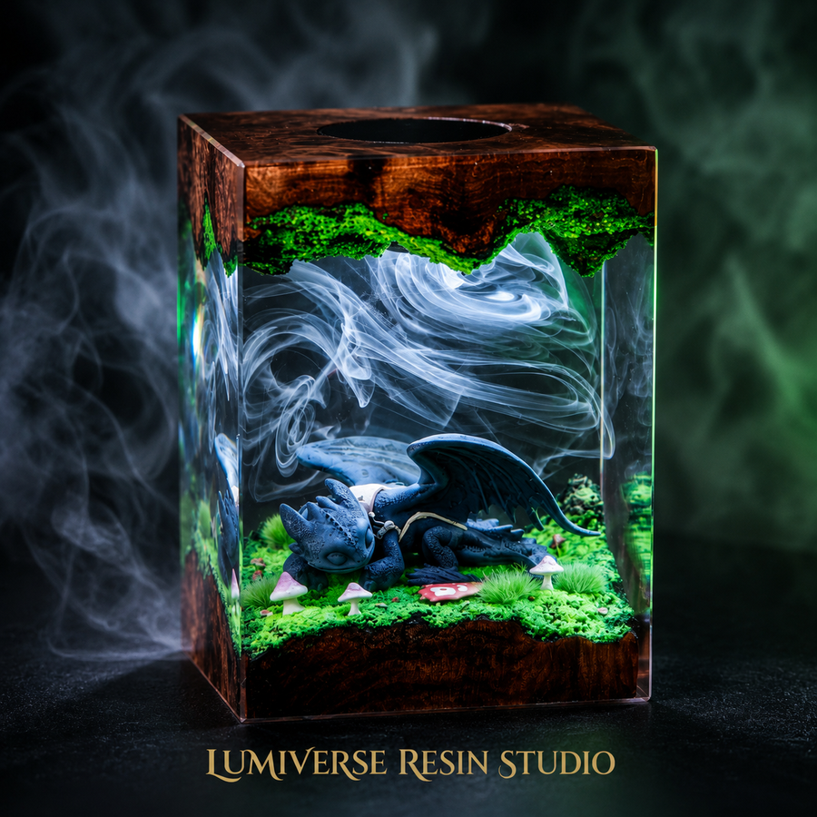 Sleeping Night Dragon Epoxy Resin Lamp – Handmade Mossy Forest Fantasy Diorama Light