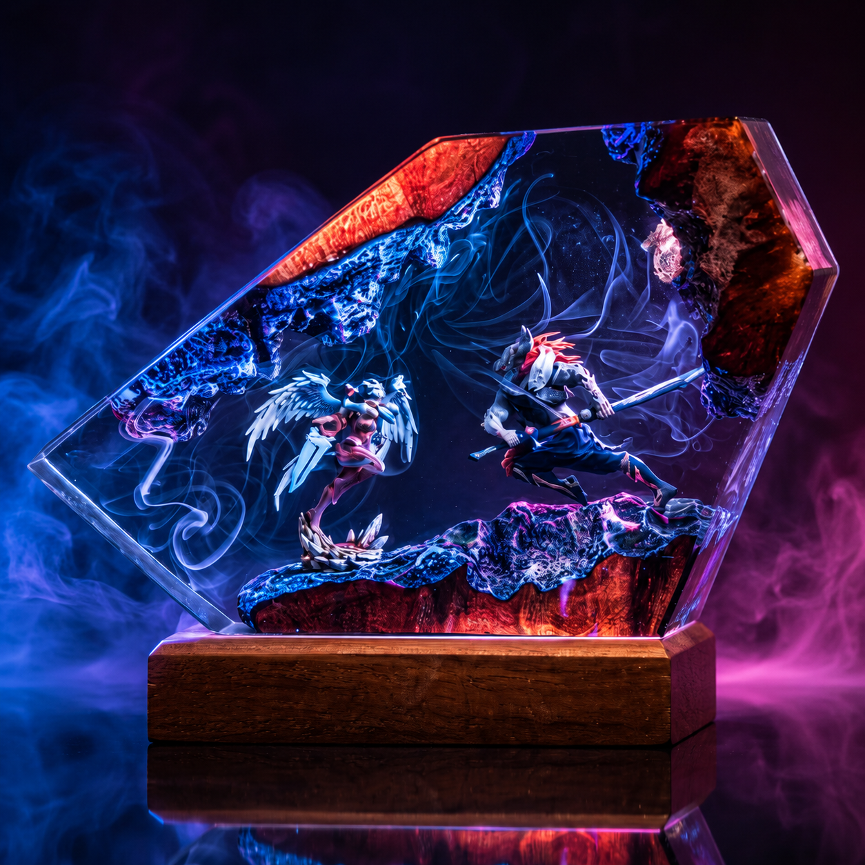 Winged Rebel Couple Epoxy Resin Lamp – Handmade Blue & Pink Fantasy Diorama Light