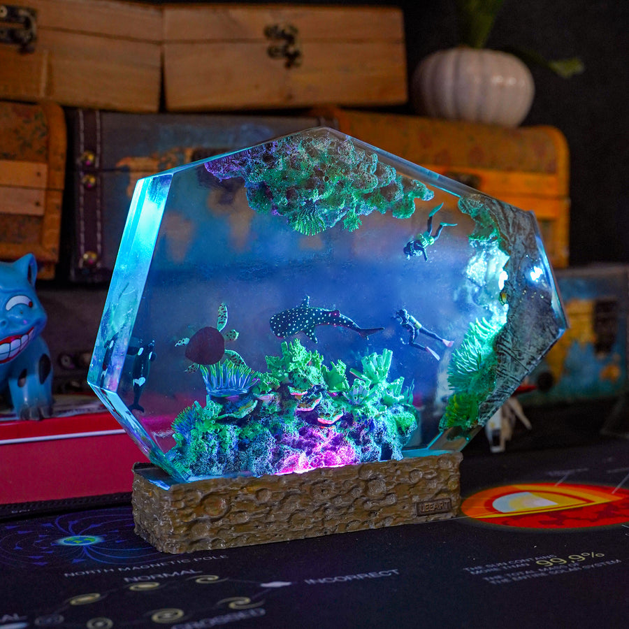 Underwater Coral Reef Epoxy Resin Lamp – Whale Shark, Sea Turtle & Diver Ocean Diorama