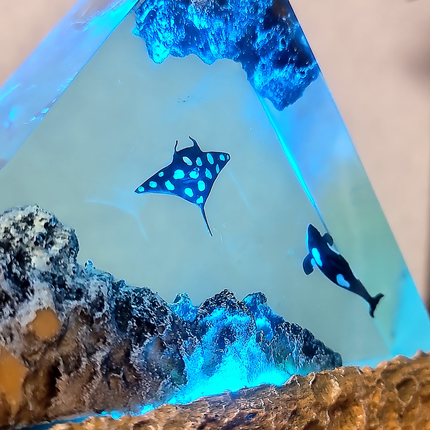 Orca & Manta Ray Ocean Epoxy Resin Lamp – Triangle Underwater LED Night Light