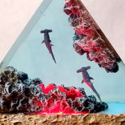 Ocean Shark Epoxy Resin Lamp – Hammerhead Shark Triangle LED Night Light & Marine Diorama