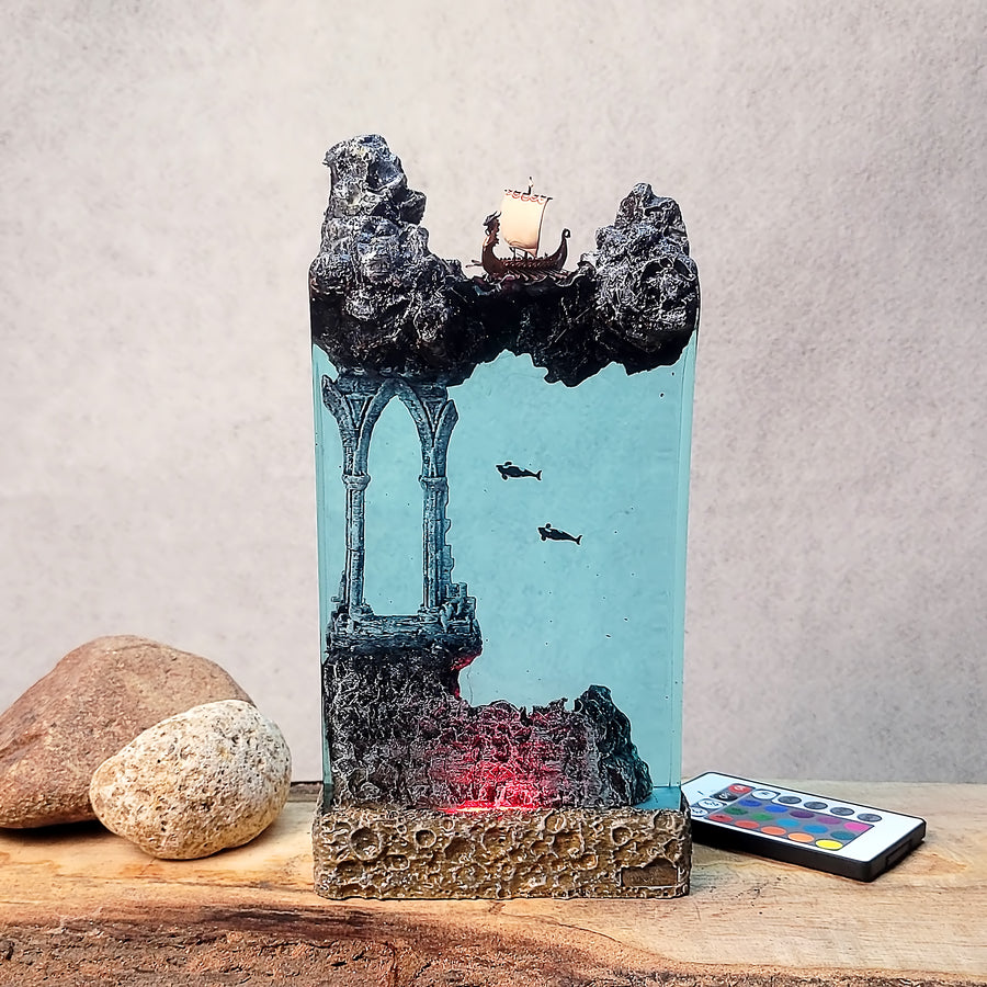 Norse Viking Ship Epoxy Resin Lamp – Underwater Ancient Ruins Ocean Diorama