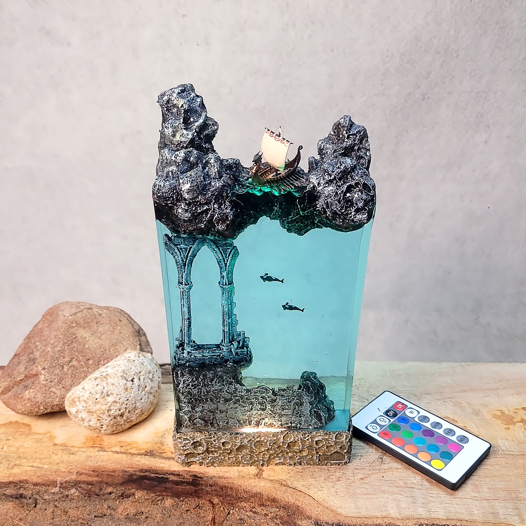 Norse Viking Ship Epoxy Resin Lamp – Underwater Ancient Ruins Ocean Diorama