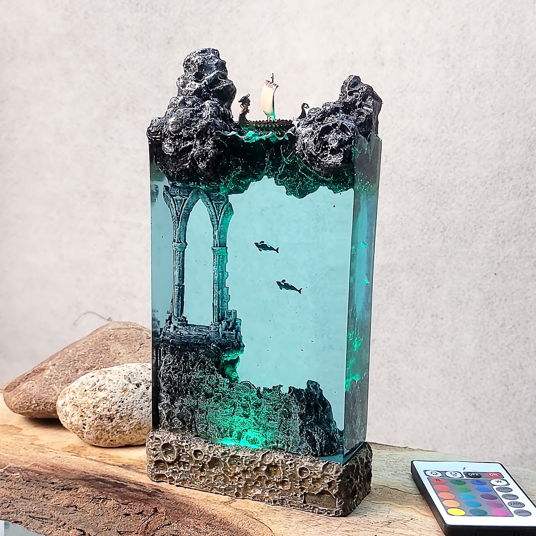 Norse Viking Ship Epoxy Resin Lamp – Underwater Ancient Ruins Ocean Diorama