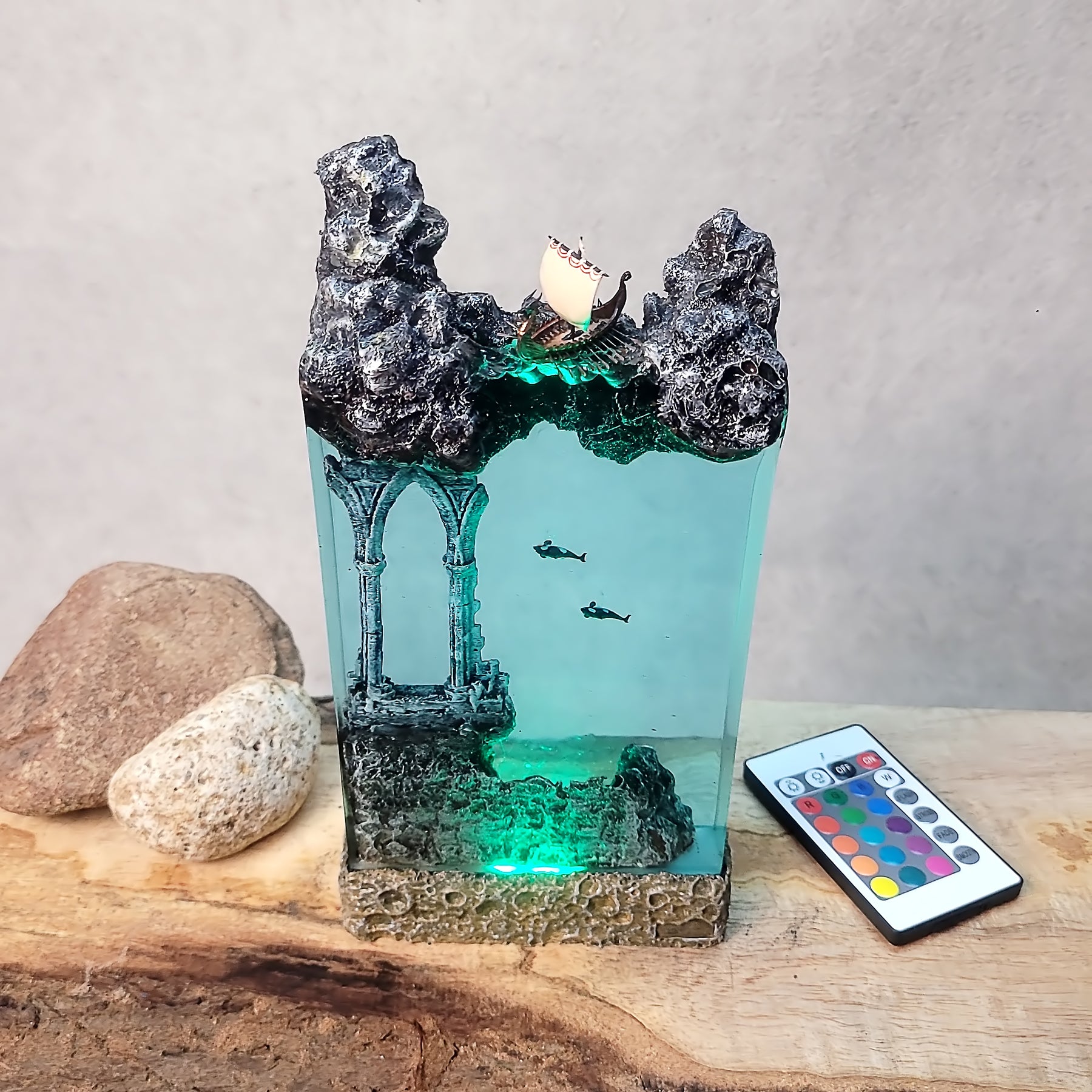 Norse Viking Ship Epoxy Resin Lamp – Underwater Ancient Ruins Ocean Diorama