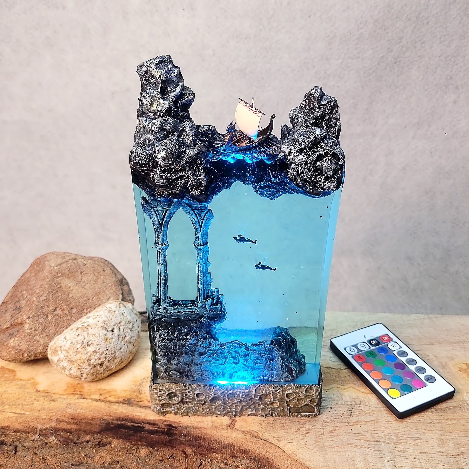 Norse Viking Ship Epoxy Resin Lamp – Underwater Ancient Ruins Ocean Diorama