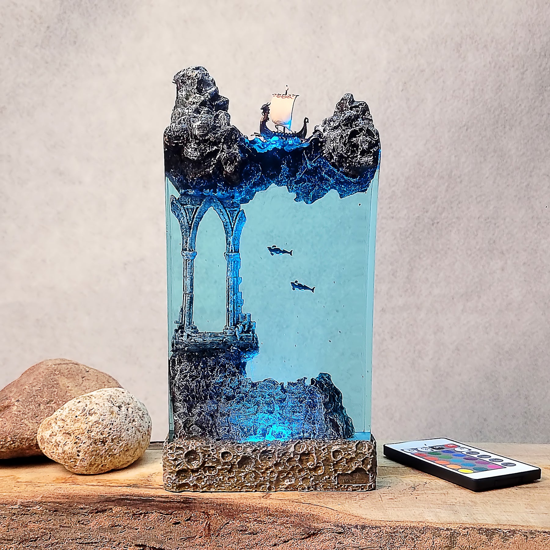 Norse Viking Ship Epoxy Resin Lamp – Underwater Ancient Ruins Ocean Diorama