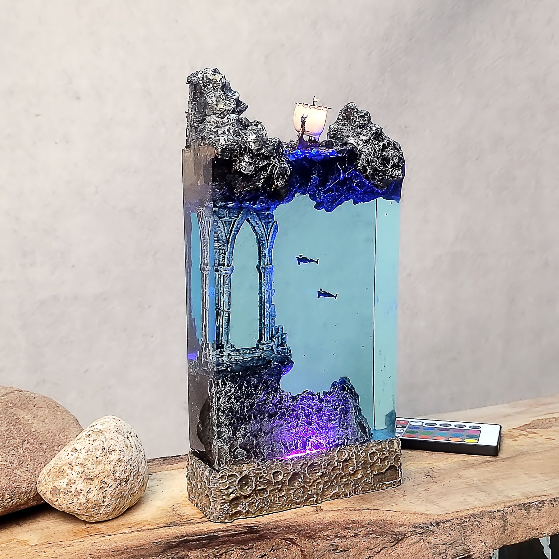 Norse Viking Ship Epoxy Resin Lamp – Underwater Ancient Ruins Ocean Diorama