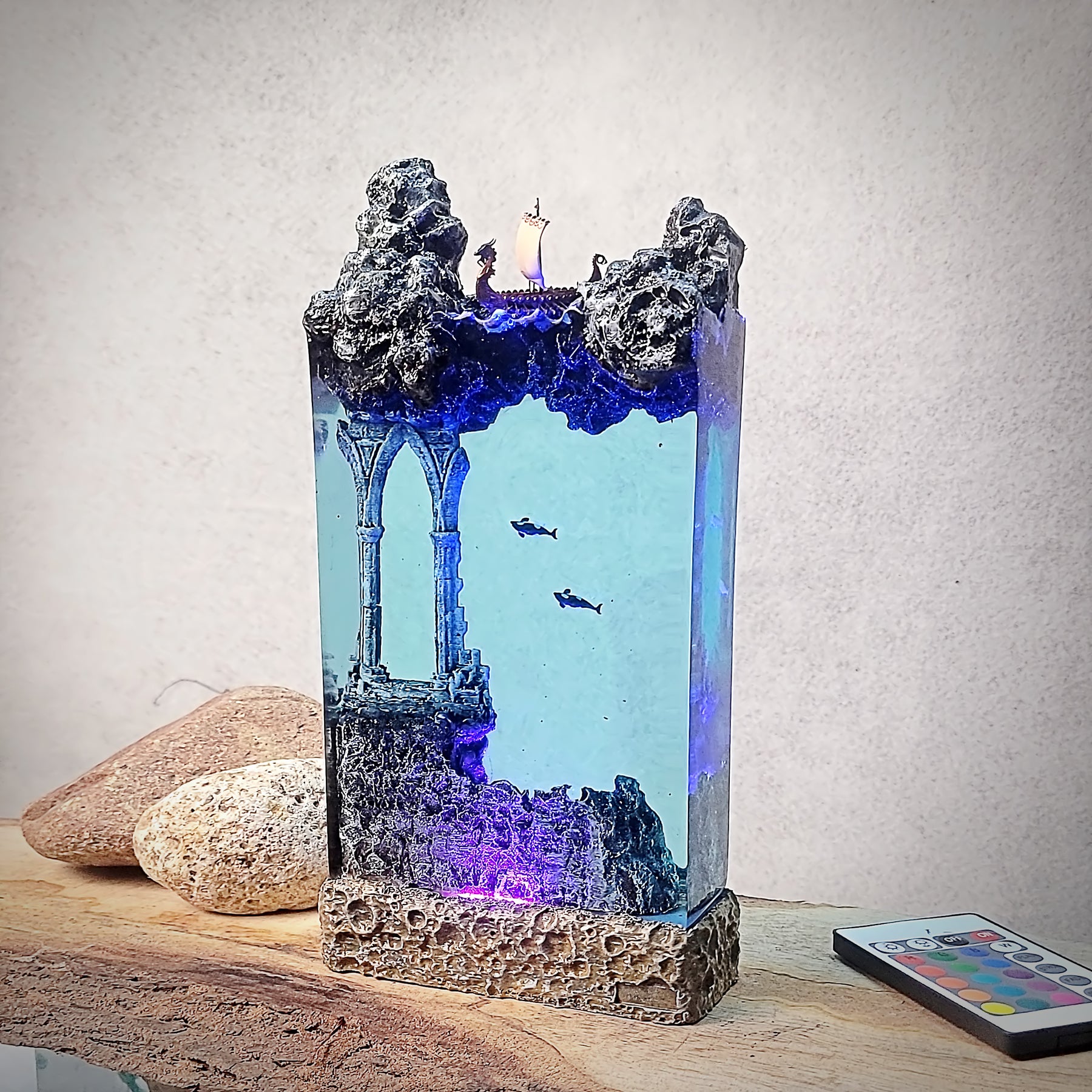 Norse Viking Ship Epoxy Resin Lamp – Underwater Ancient Ruins Ocean Diorama