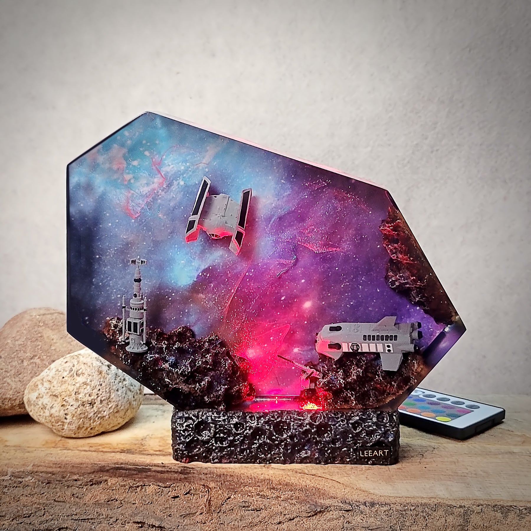 Galaxy Spaceship Resin Lamp – Space Shuttle & Satellite Cosmic Diorama Light
