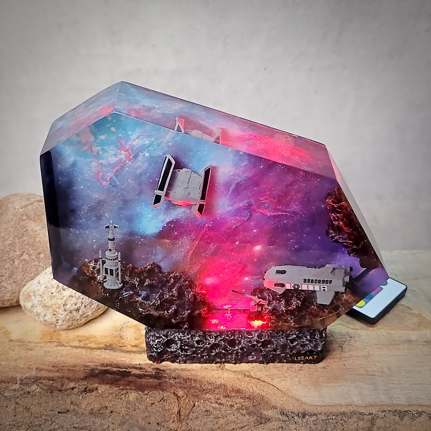 Galaxy Spaceship Resin Lamp – Space Shuttle & Satellite Cosmic Diorama Light
