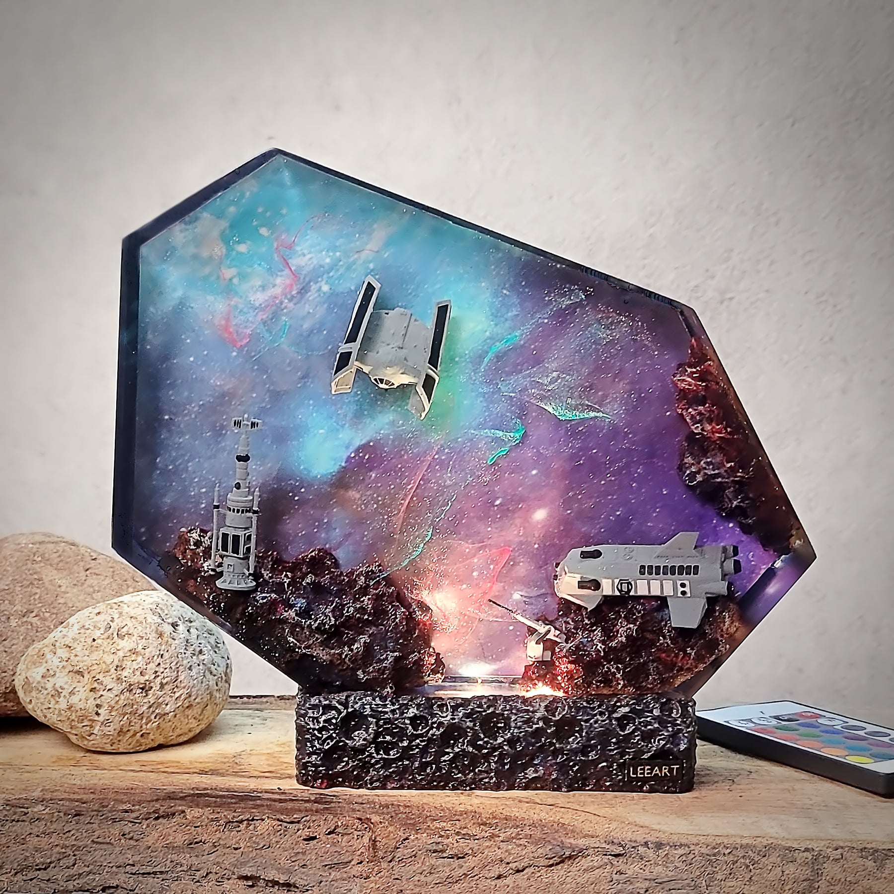Galaxy Spaceship Resin Lamp – Space Shuttle & Satellite Cosmic Diorama Light