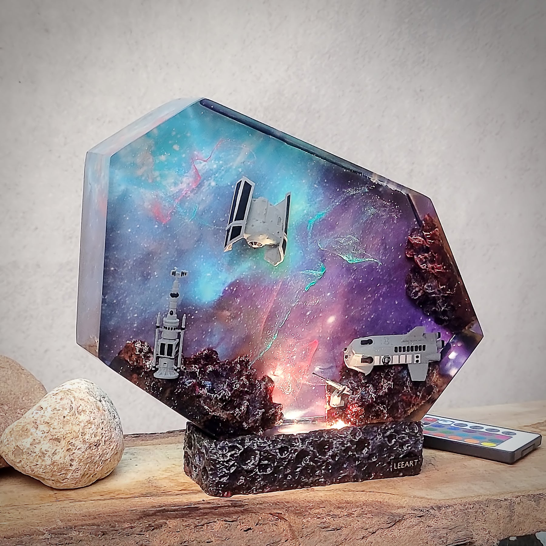 Galaxy Spaceship Resin Lamp – Space Shuttle & Satellite Cosmic Diorama Light