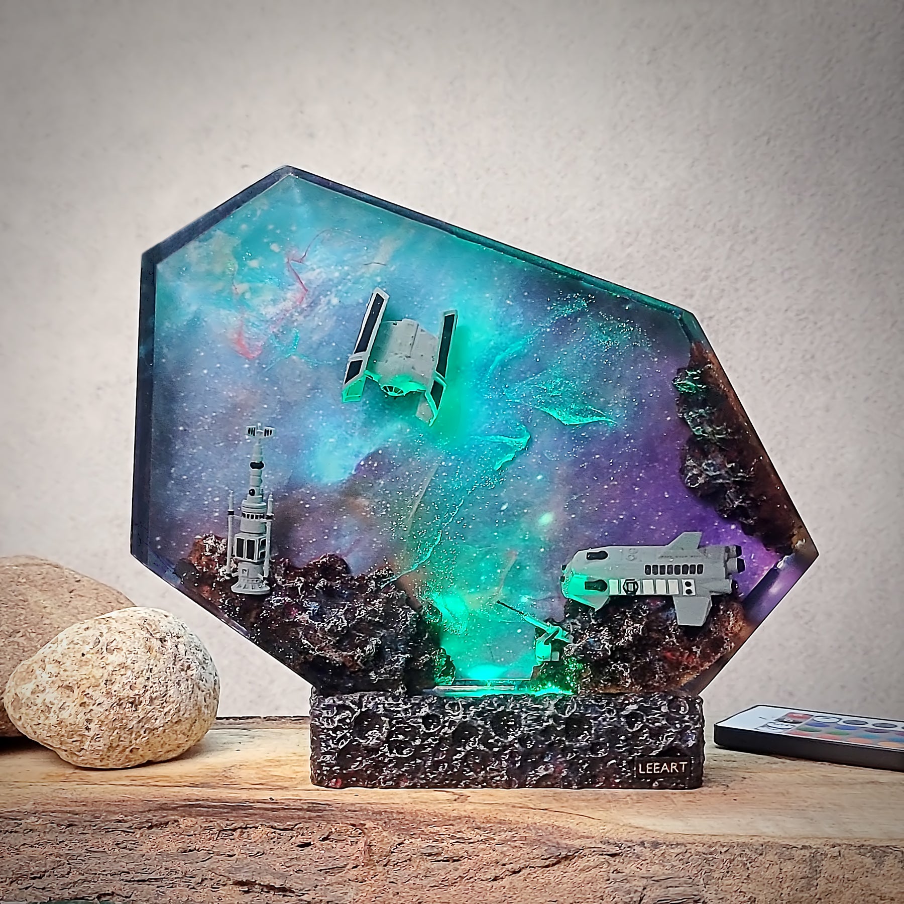 Galaxy Spaceship Resin Lamp – Space Shuttle & Satellite Cosmic Diorama Light
