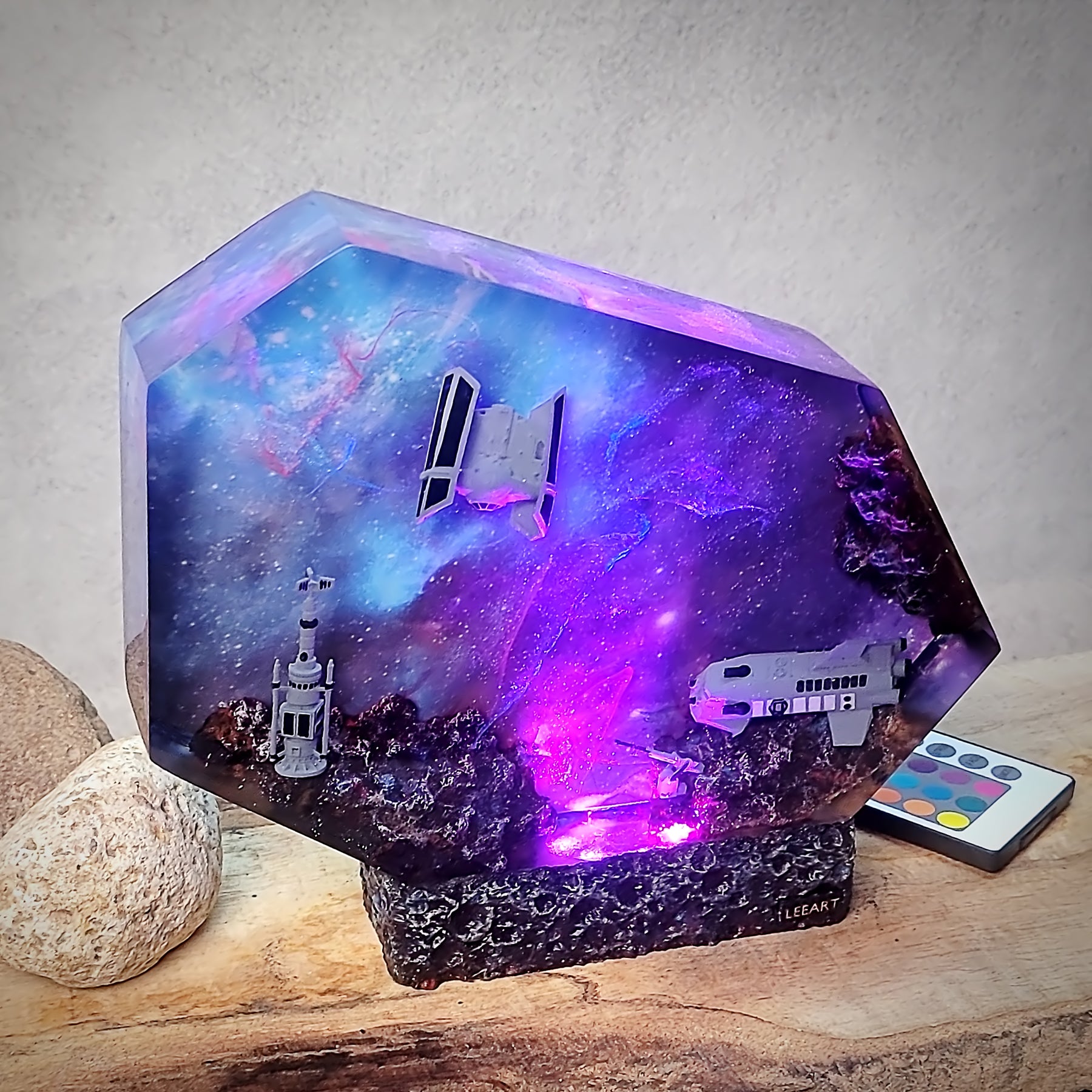 Galaxy Spaceship Resin Lamp – Space Shuttle & Satellite Cosmic Diorama Light