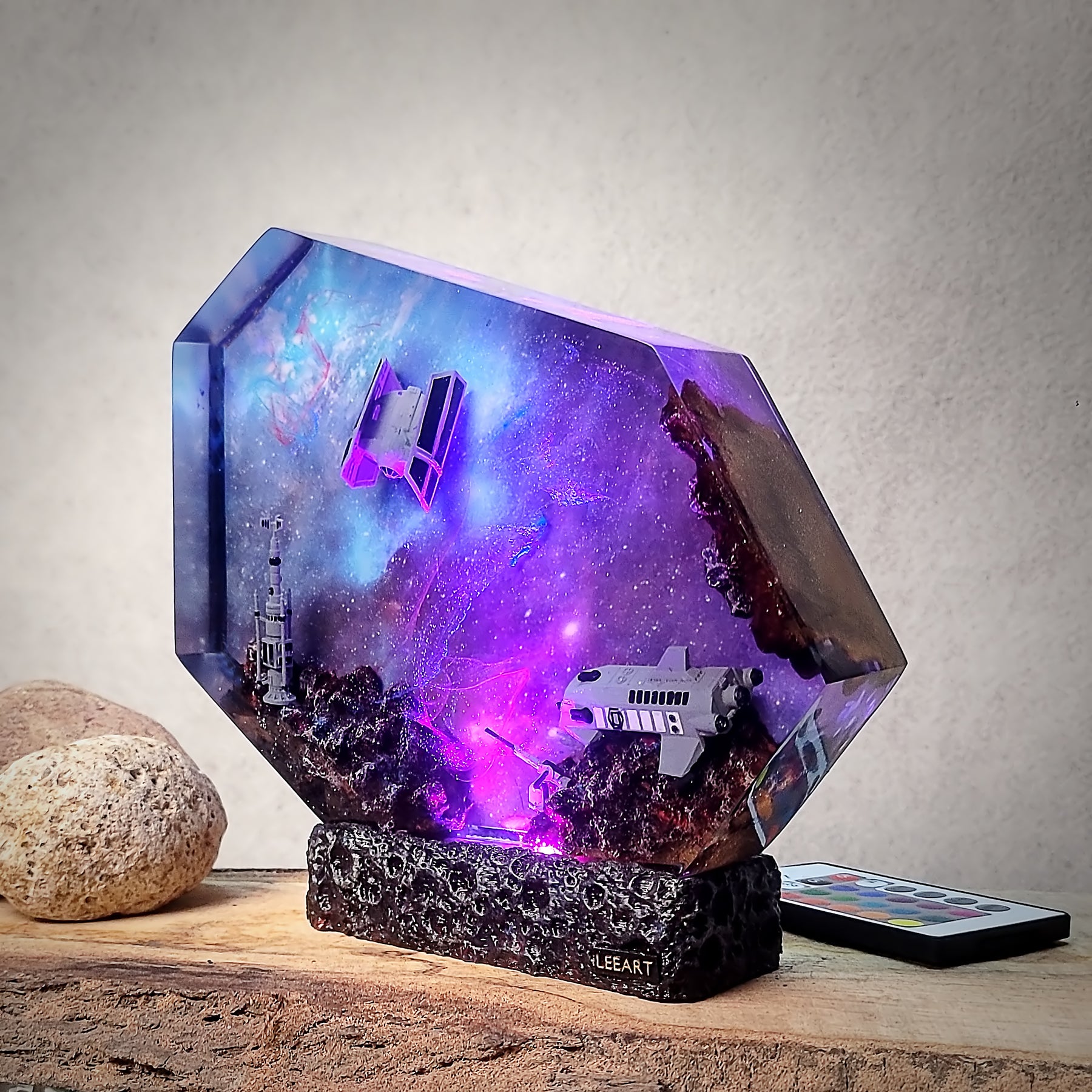 Galaxy Spaceship Resin Lamp – Space Shuttle & Satellite Cosmic Diorama Light