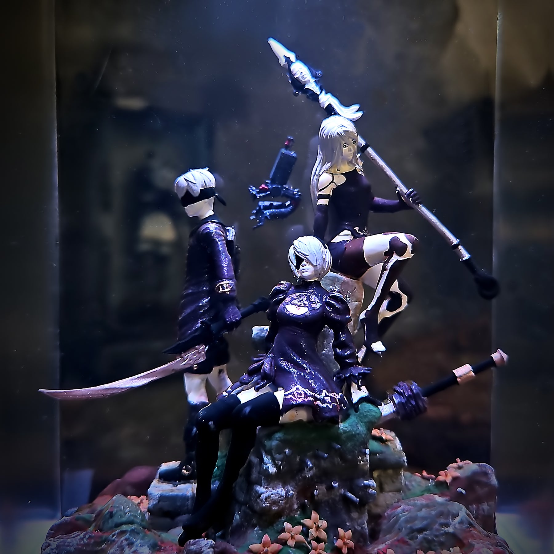 NieR Automata 2B 9S & A2 Epoxy Resin Lamp – YoRHa Trio Diorama Light