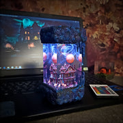 Halloween Haunted Mansion Epoxy Resin Lamp – Ghost House RGB LED Diorama Decor